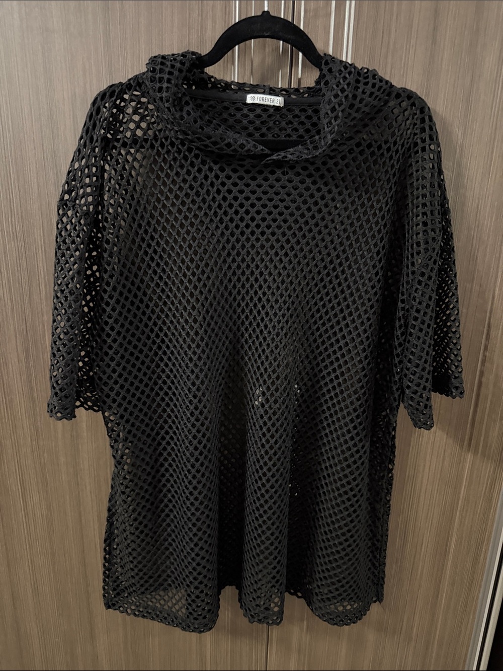 Forever 21 Black Open-Knit Mesh Tunic with Hood